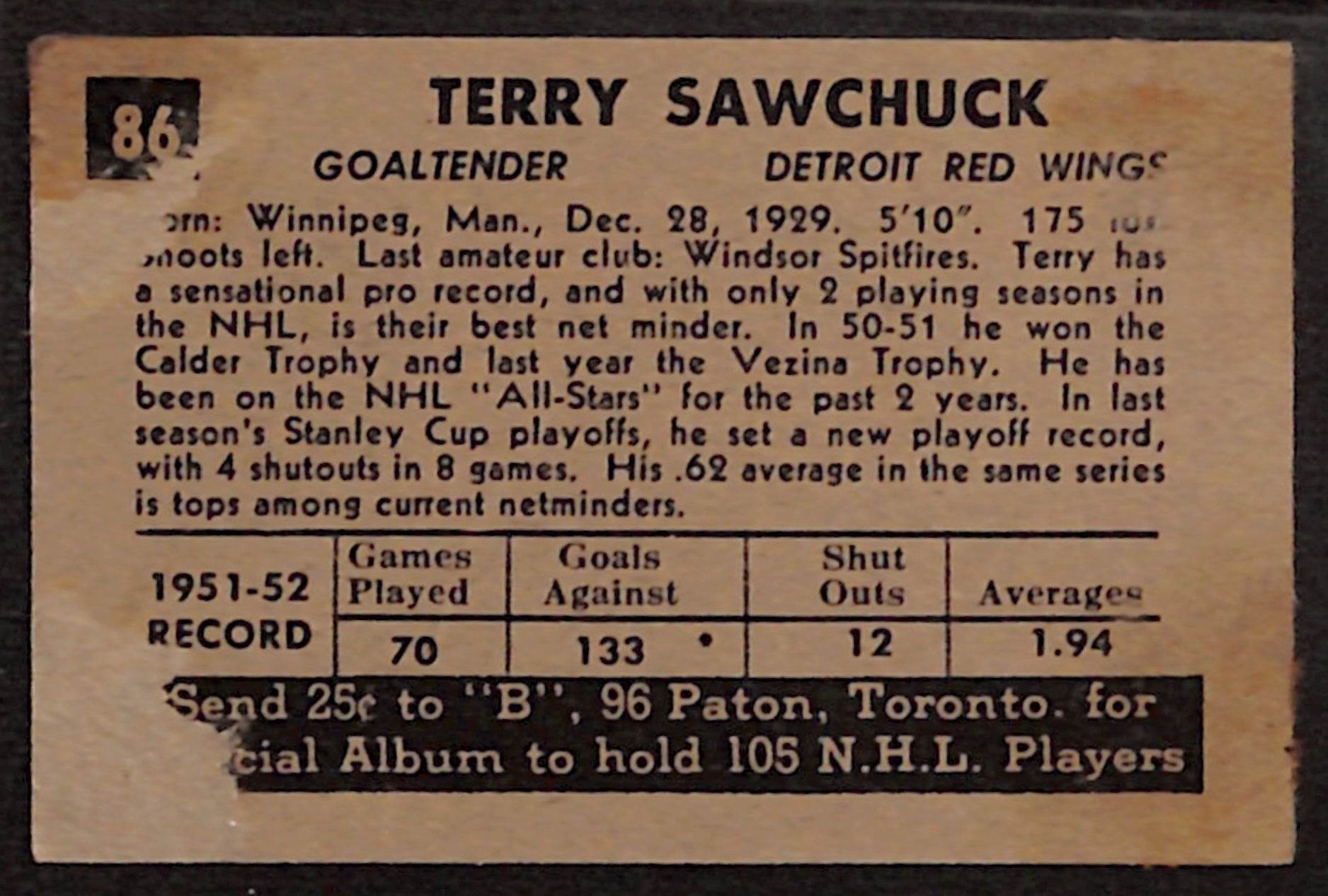 1952-53 Parkhurst - Terry Sawchuk #86