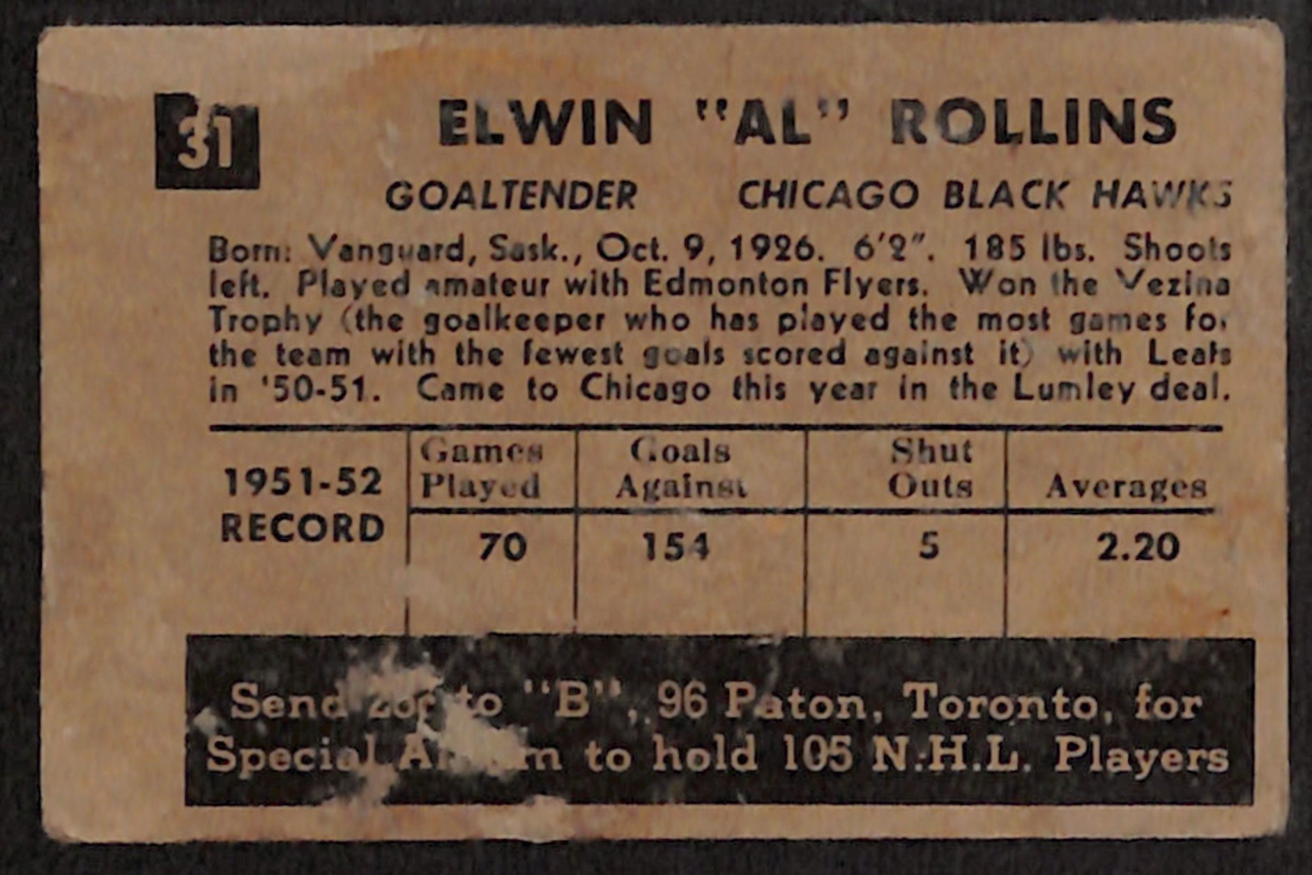 1952-53 Parkhurst - Elwin Rollin #31