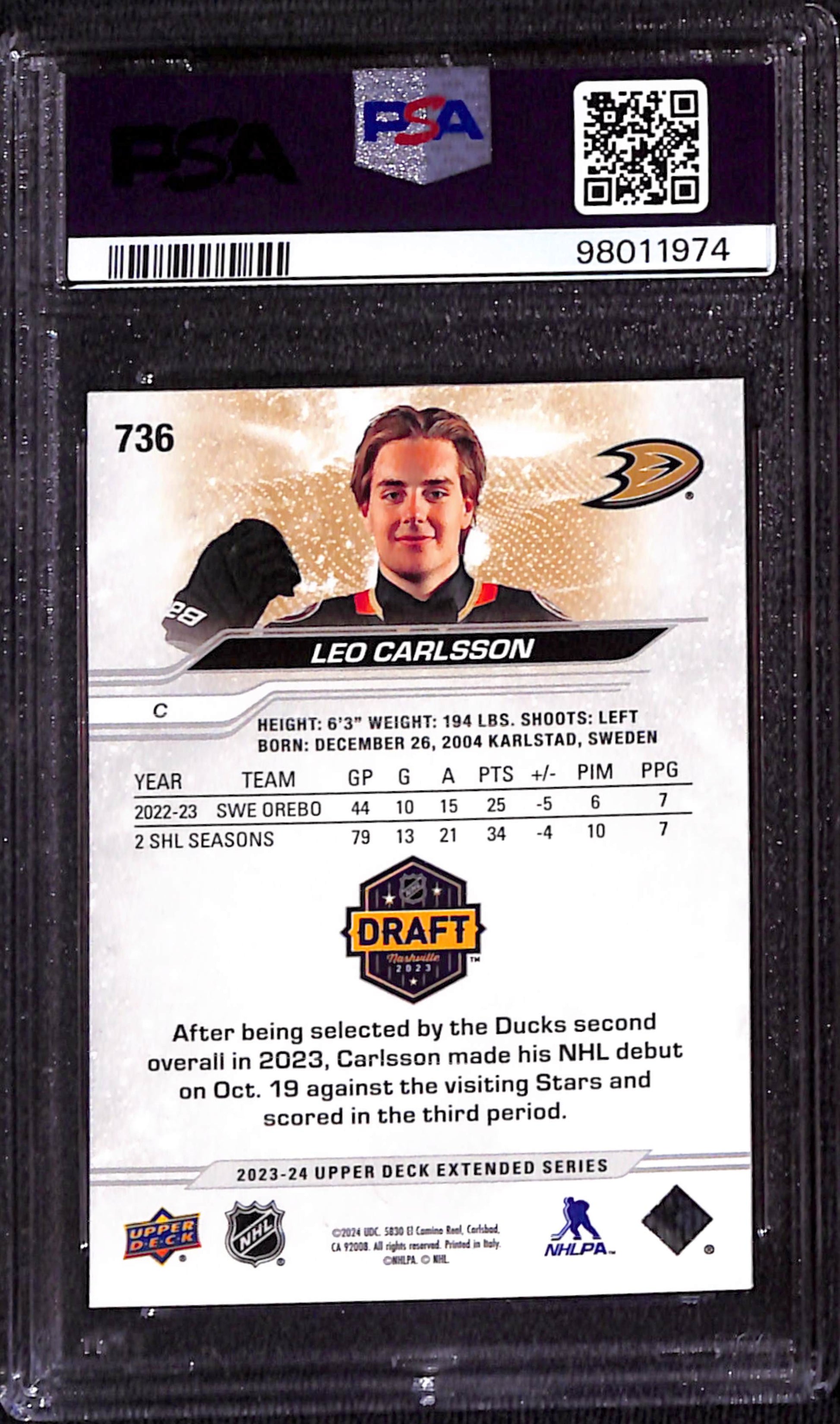 2023 Upper Deck Extended Series - Leo Carlsson Outburst #736 - PSA 9