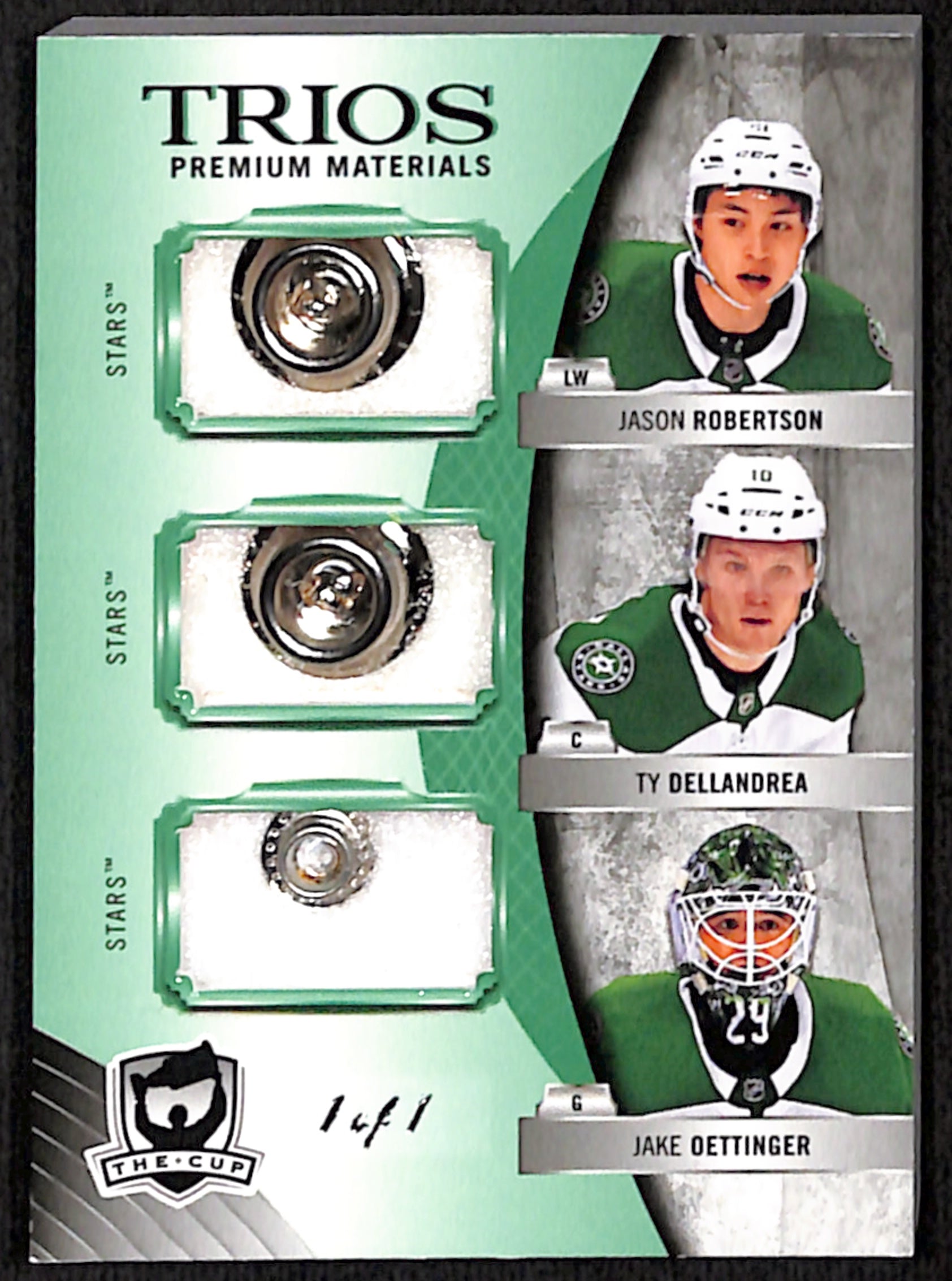 2020-21 The Cup - Jason Robertson, Ty Dellandrea, Jake Oettinger Rookie Button 1/1 (C3-DRO)