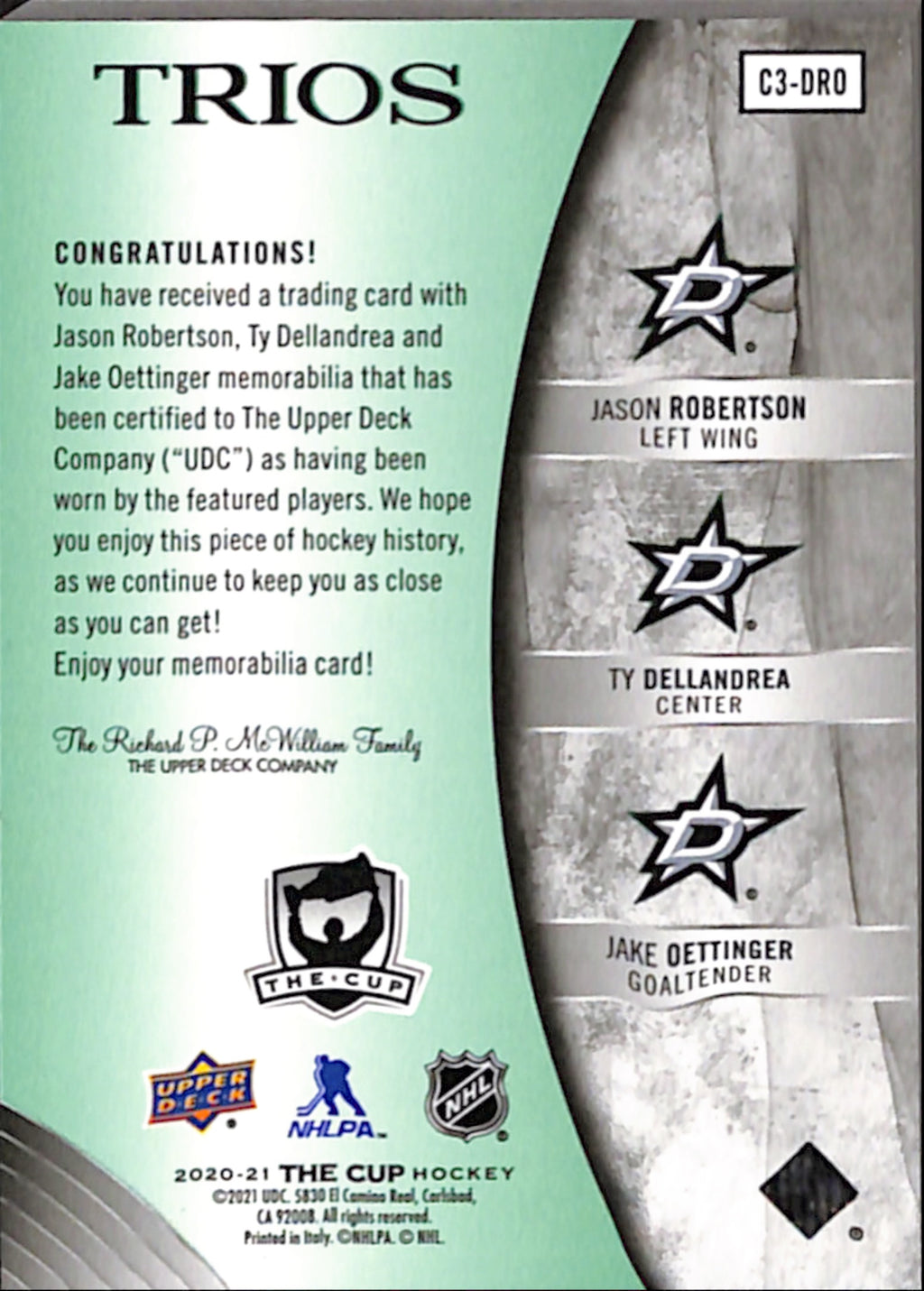 2020-21 The Cup - Jason Robertson, Ty Dellandrea, Jake Oettinger Rookie Button 1/1 (C3-DRO)