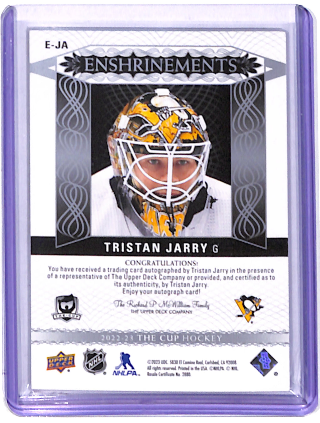 2022-23 The Cup - Tristan Jarry Enshrinements /99 (E-JA)