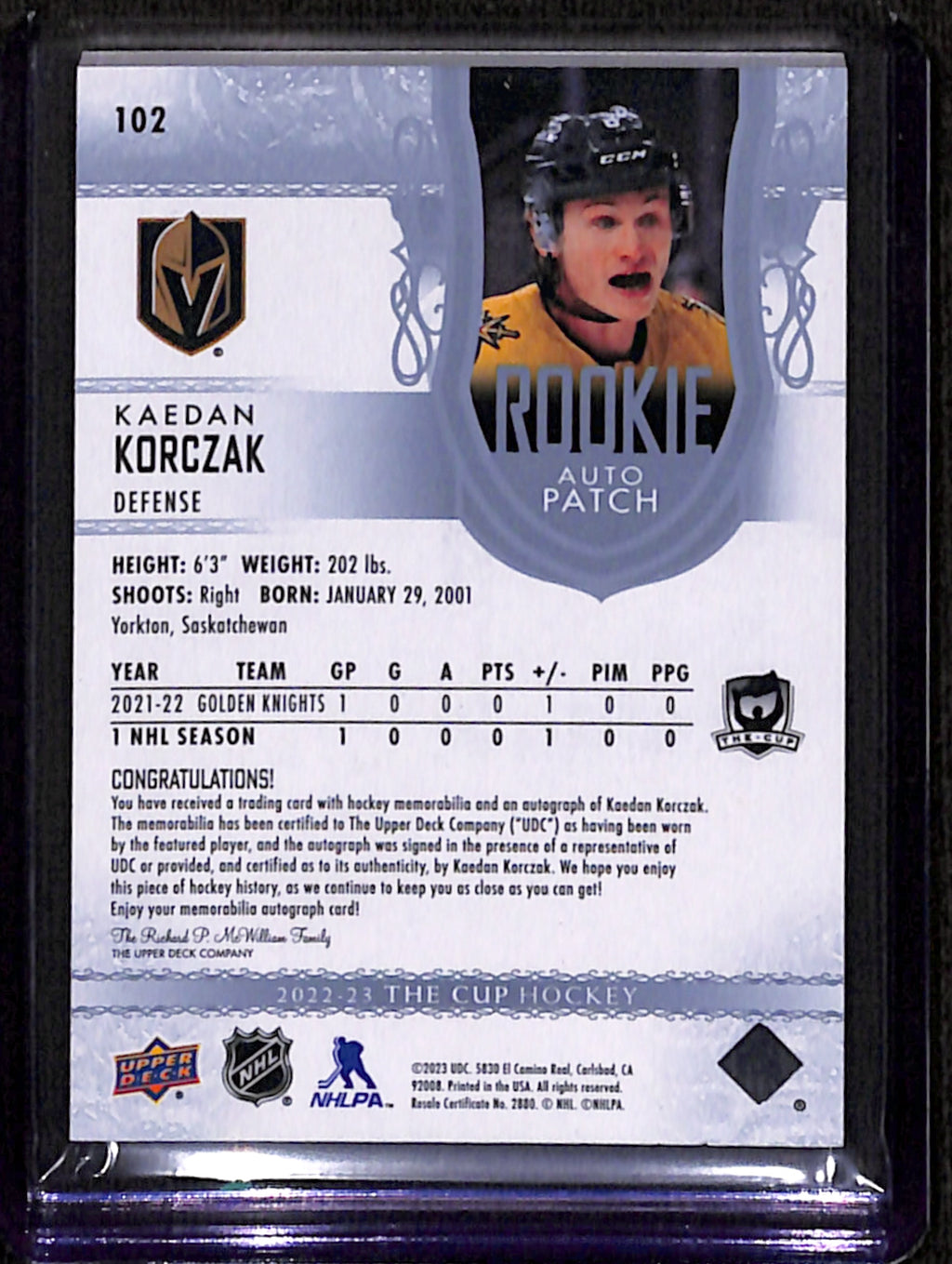 2022-23 The Cup - Kaeden Korczak Rookie Auto Patch /249 (102)