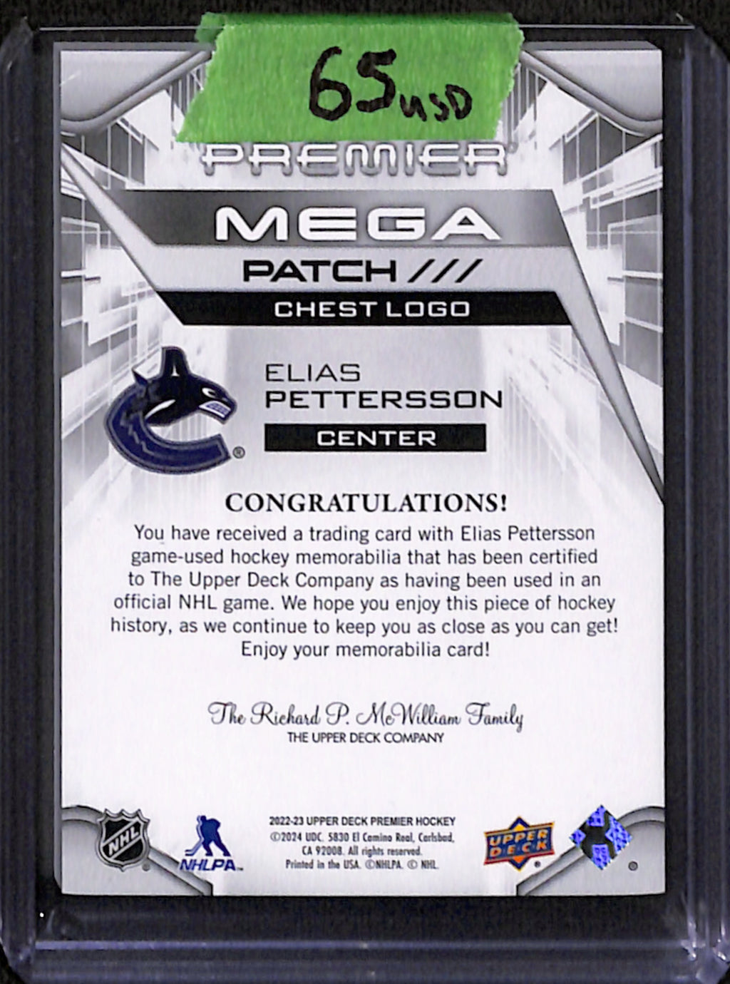 2022-23 Premier - Elias Pettersson Mega Patch Chest Logo /27
