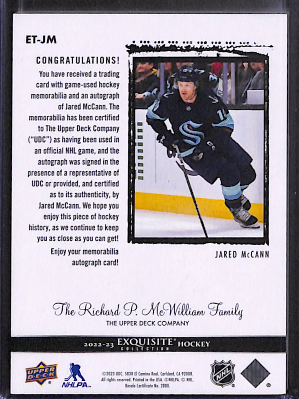 2022-23 The Cup - Jared McCann Exquisite Autograph Patch /25 (ET-JM)