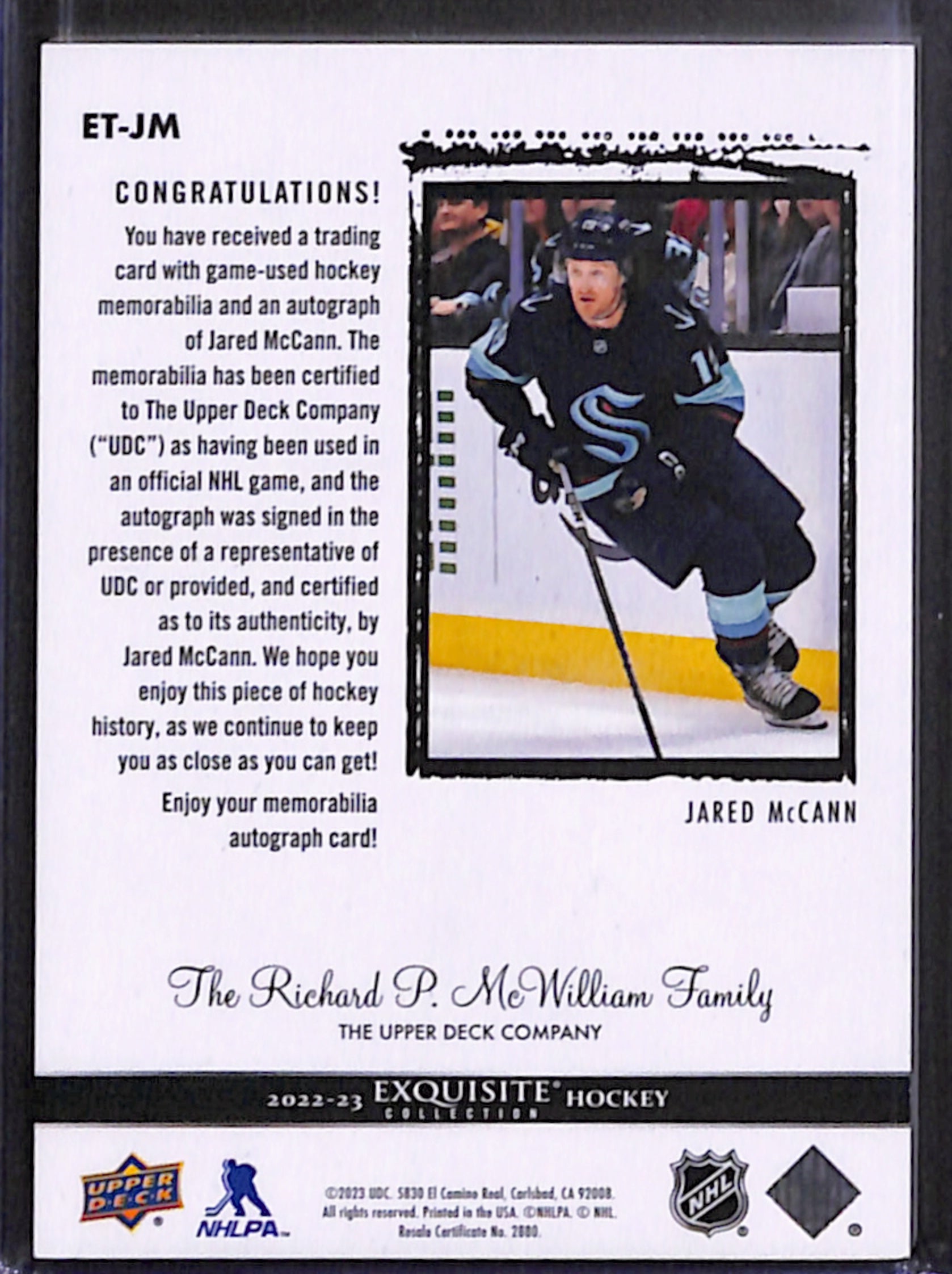 2022-23 The Cup - Jared McCann Exquisite Autograph Patch /25 (ET-JM)