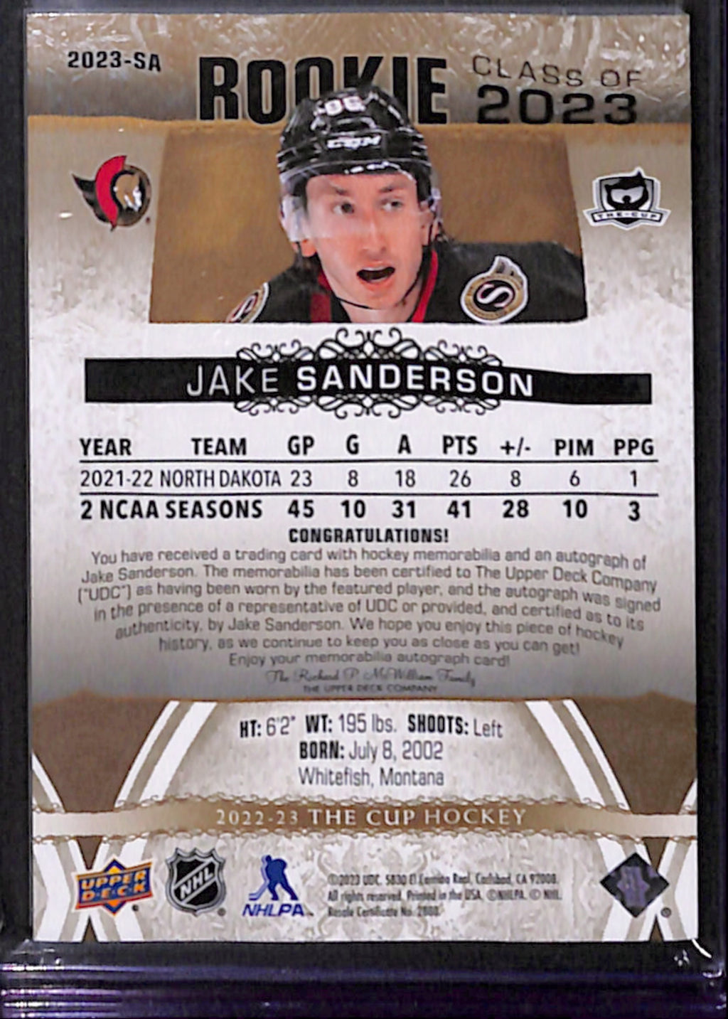 2022-23 The Cup - Jake Sanderson Rookie Class of 2023 Auto Patch  /10 (2023-SA)