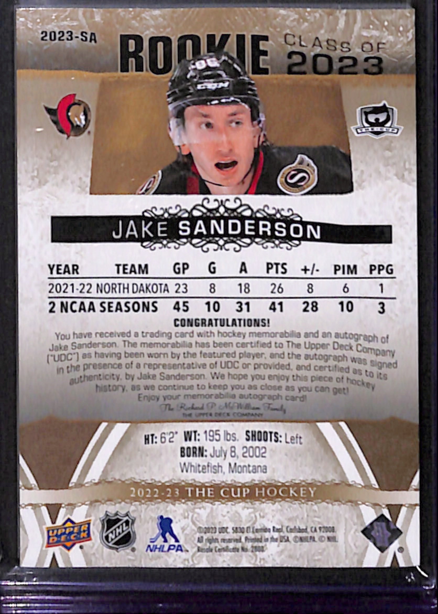 2022-23 The Cup - Jake Sanderson Rookie Class of 2023 Auto Patch  /10 (2023-SA)