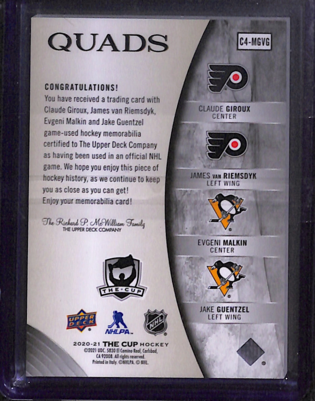 2020-21 The Cup - Giroux/van Reimsdyk/Malkin/Guentzel Quad Premium Materials (C4-MGVG)