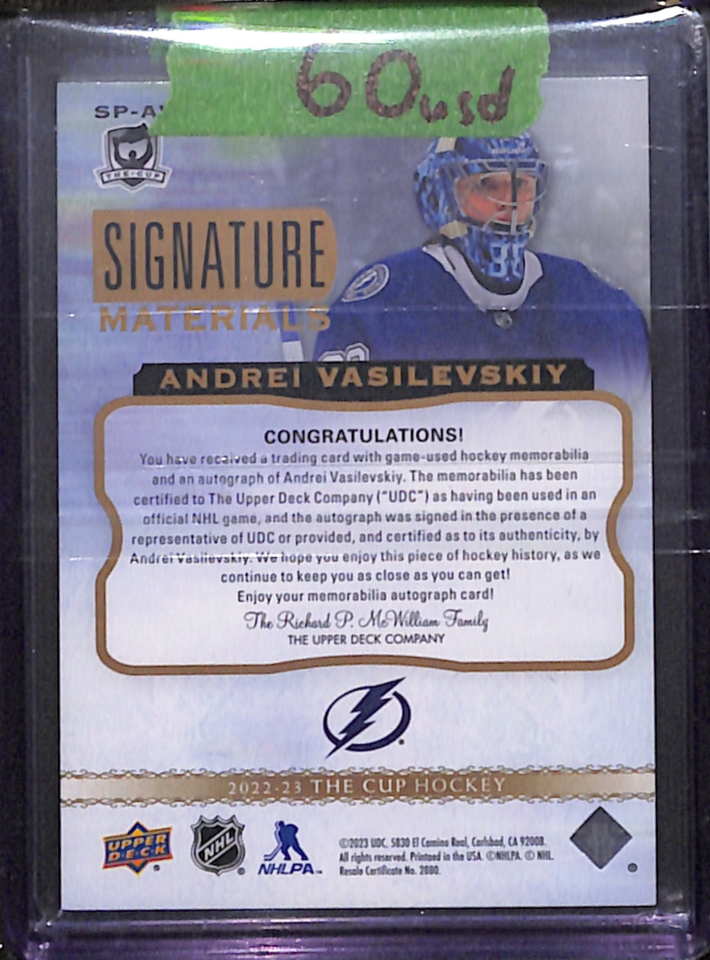 2022-23 The Cup - Andrei Vasilevskiy Signature Materials /99 (SP-AV)