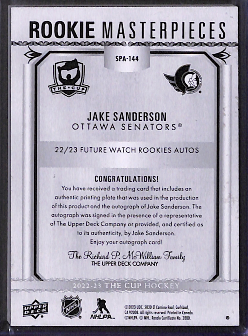 2022-23 The Cup - Jake Sanderson Printing Plate Auto 1/1 (SPA-144)