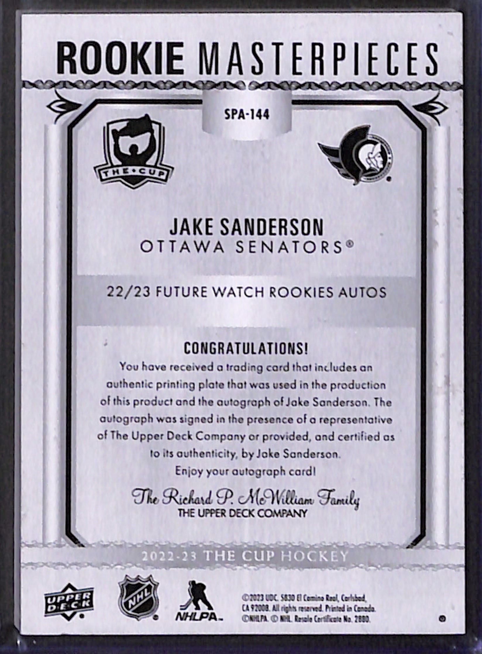 2022-23 The Cup - Jake Sanderson Printing Plate Auto 1/1 (SPA-144)