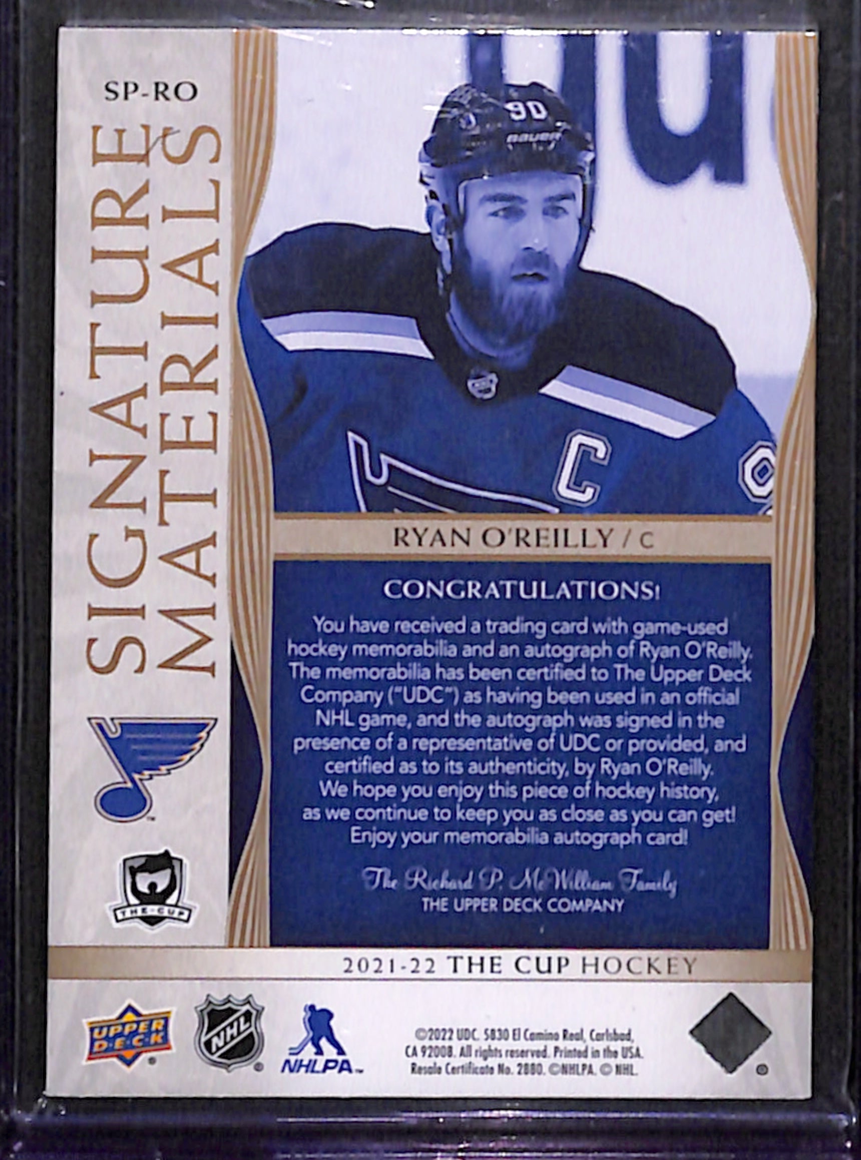 2022-23 The Cup - Ryan O'Reilly Signature Materials /99 (SP-RO)