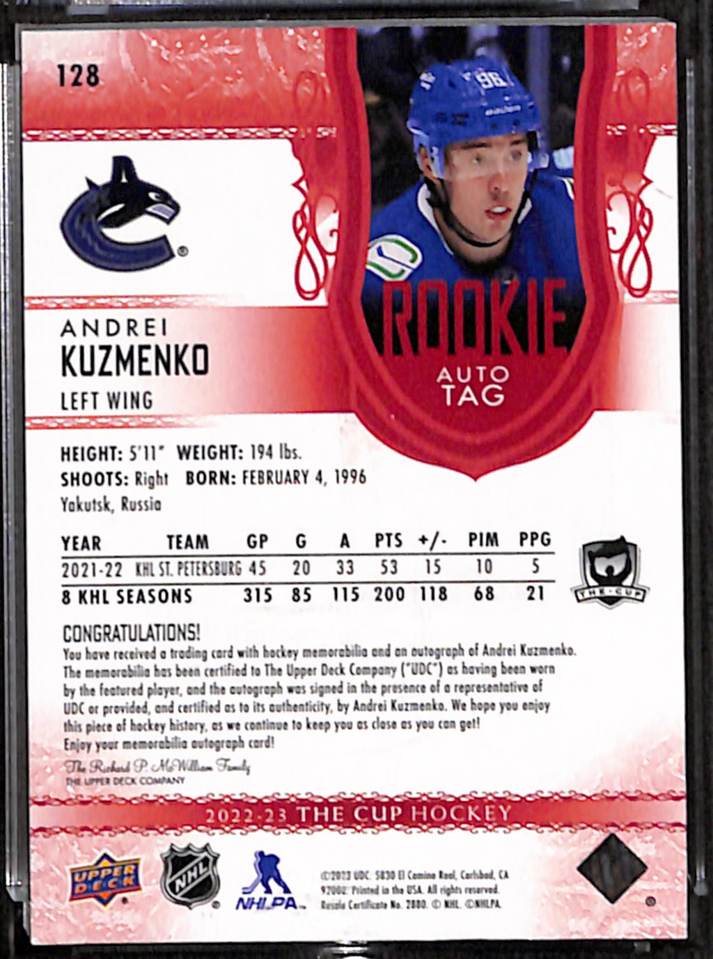 2022-23 The Cup - Andrei Kuzmenko Rookie Auto Tag /4 (128)