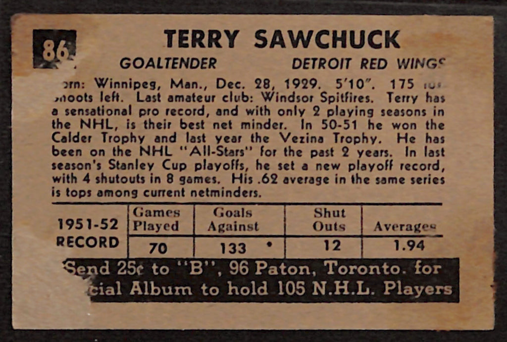 1952-53 Parkhurst - Terry Sawchuk #86