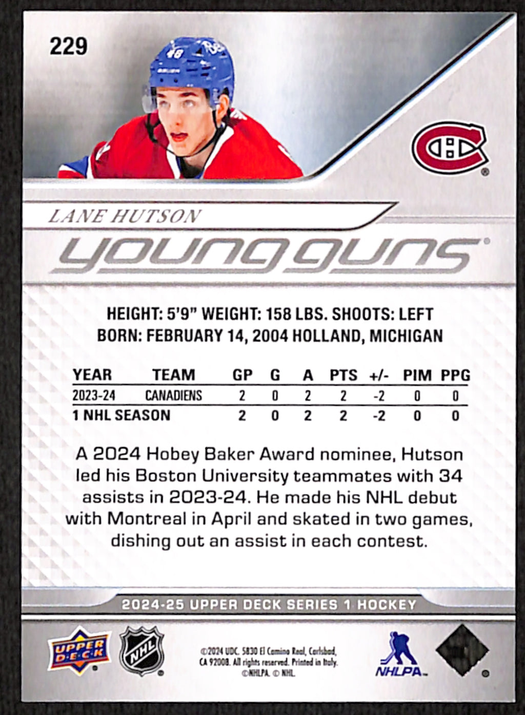 2024-25 Upper Deck Series 1 - Lane Hutson Exclusives Young Guns /100 (229)
