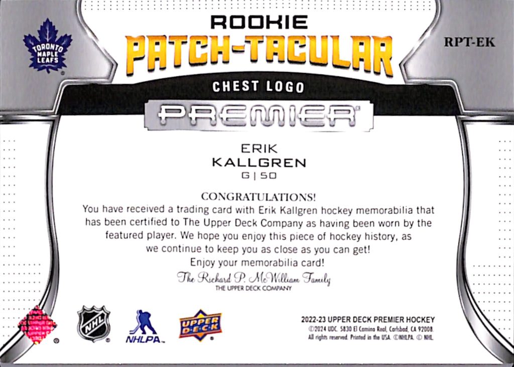 2022-23 Premier - Erik Kallgren Rookie PATCH-TACULAR /25 Chest (RPT-EK)