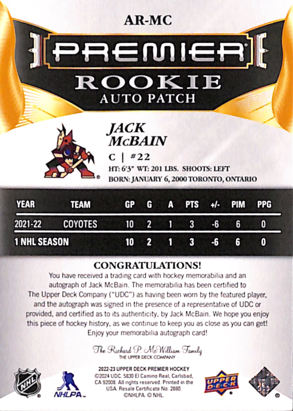 2022-23 Premier - Jack McBain Rookie Patch Auto /249 (AR-MC)