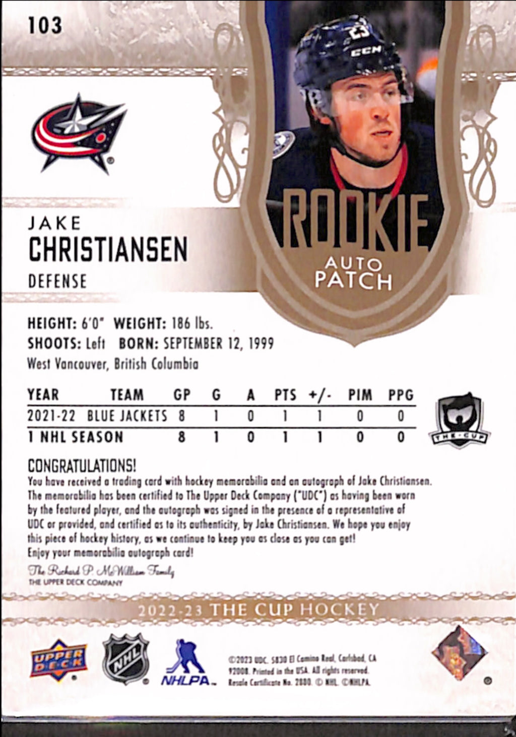 2022-23 Upper Deck The Cup - Jake Christiansen RPA /24