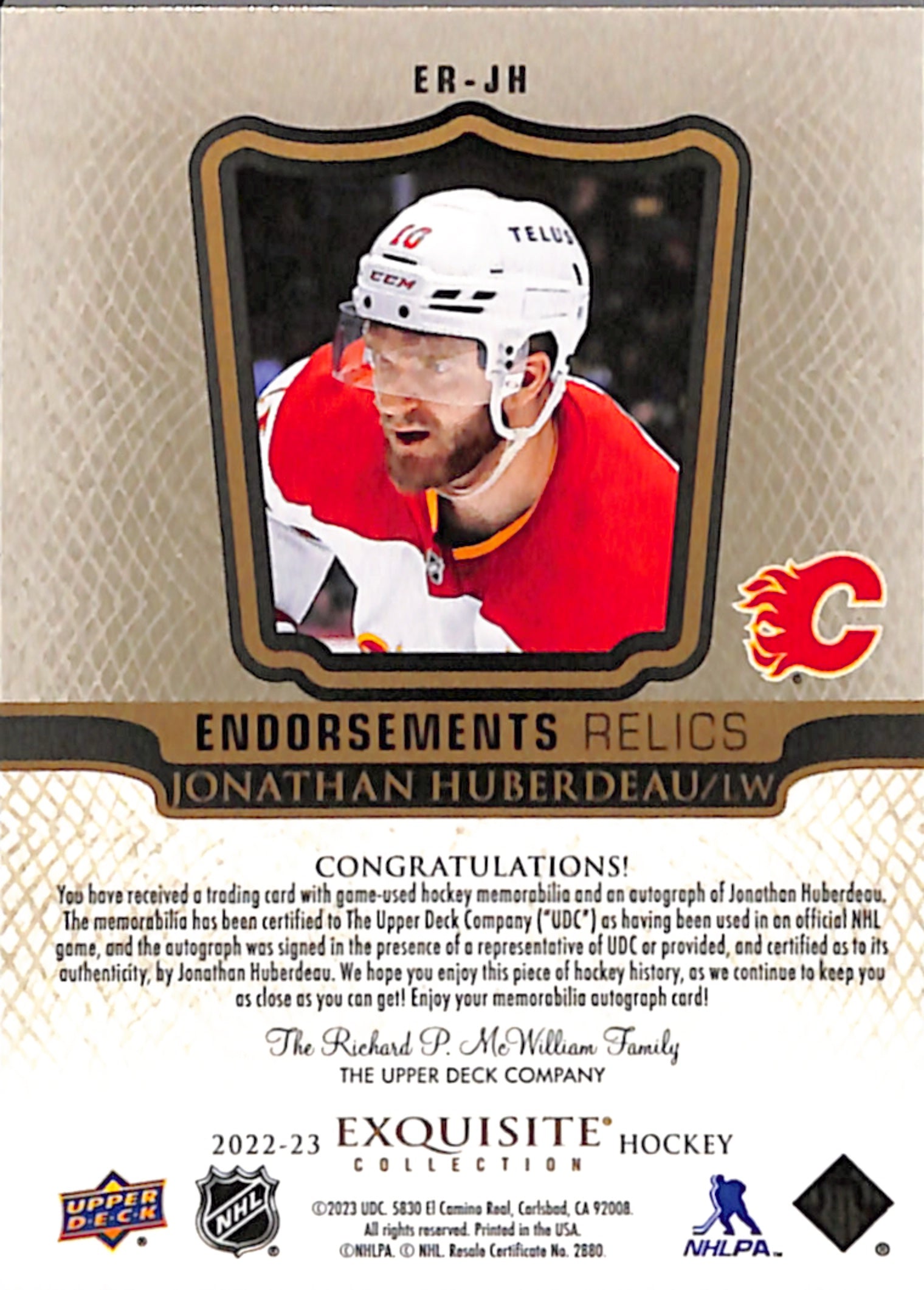 2022-23 The Cup - Jonathan Huberdeau Endorsements Relics (ER-JH)