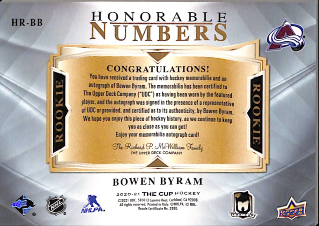 2020-21 Upper Deck The Cup - Bowen Byram Honorable Numbers /4 (HR-BB)