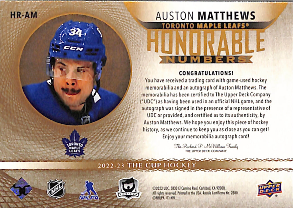 2022-23 UD The Cup - Auston Matthews Honorable Numbers /12 (HR-AM)
