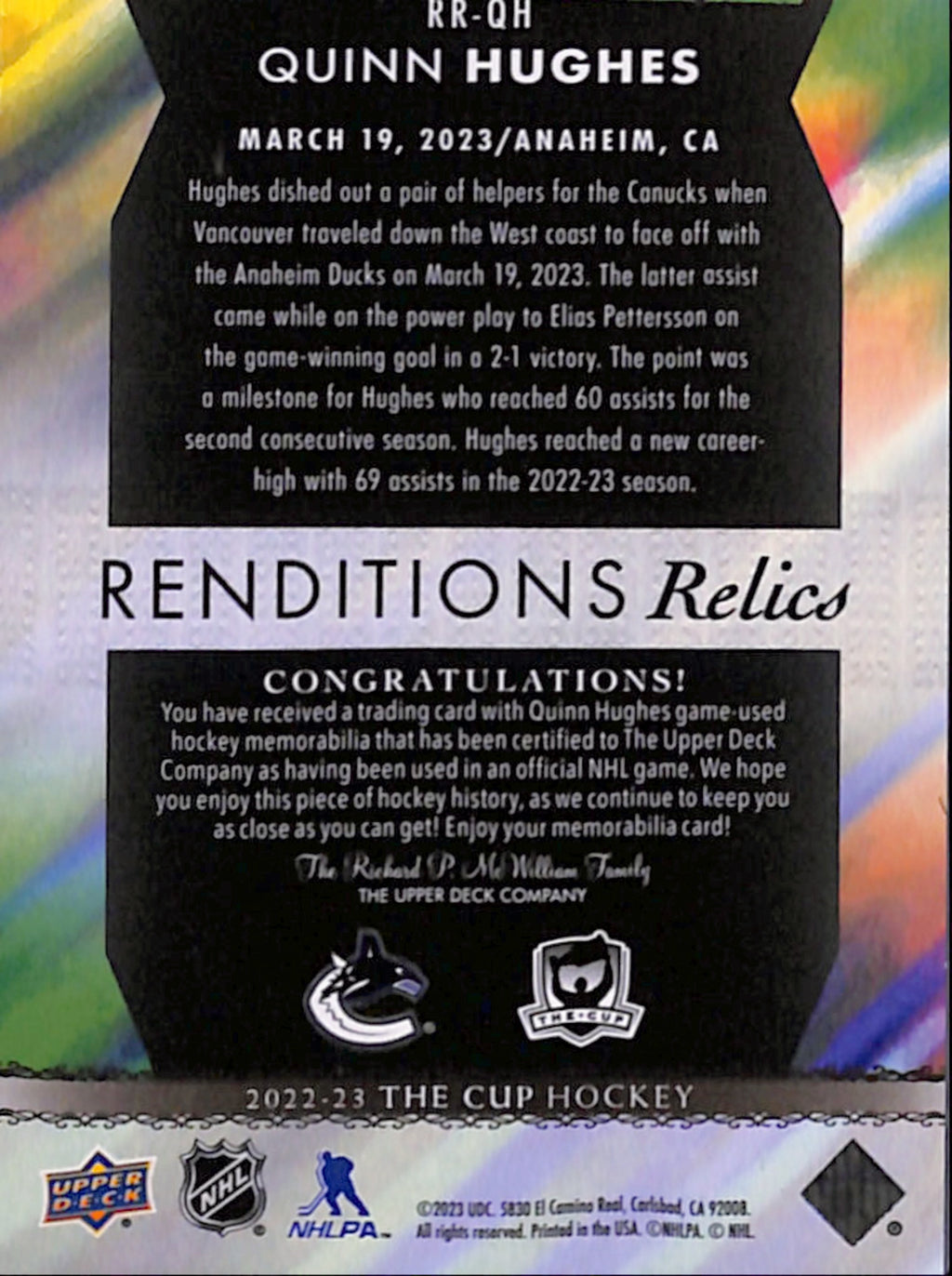 2022-23 The Cup - Quinn Hughes Renditions Relics Patch /5 (RR-QH)