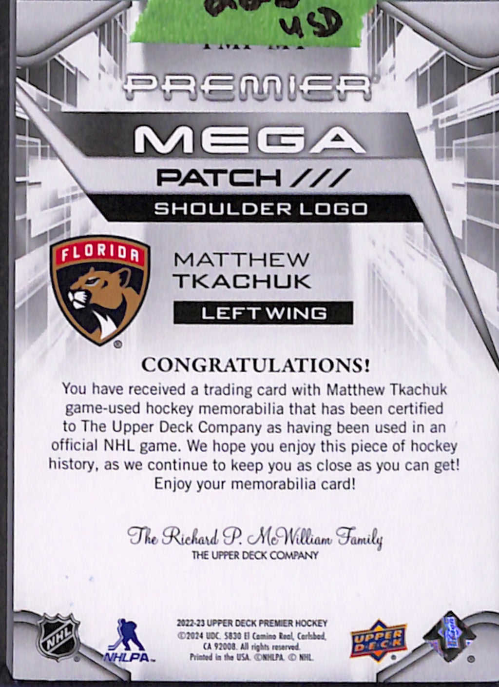 2022-23 Premier - Matthew Tkachuk Premier Mega Patch /9 (PMP-MT)
