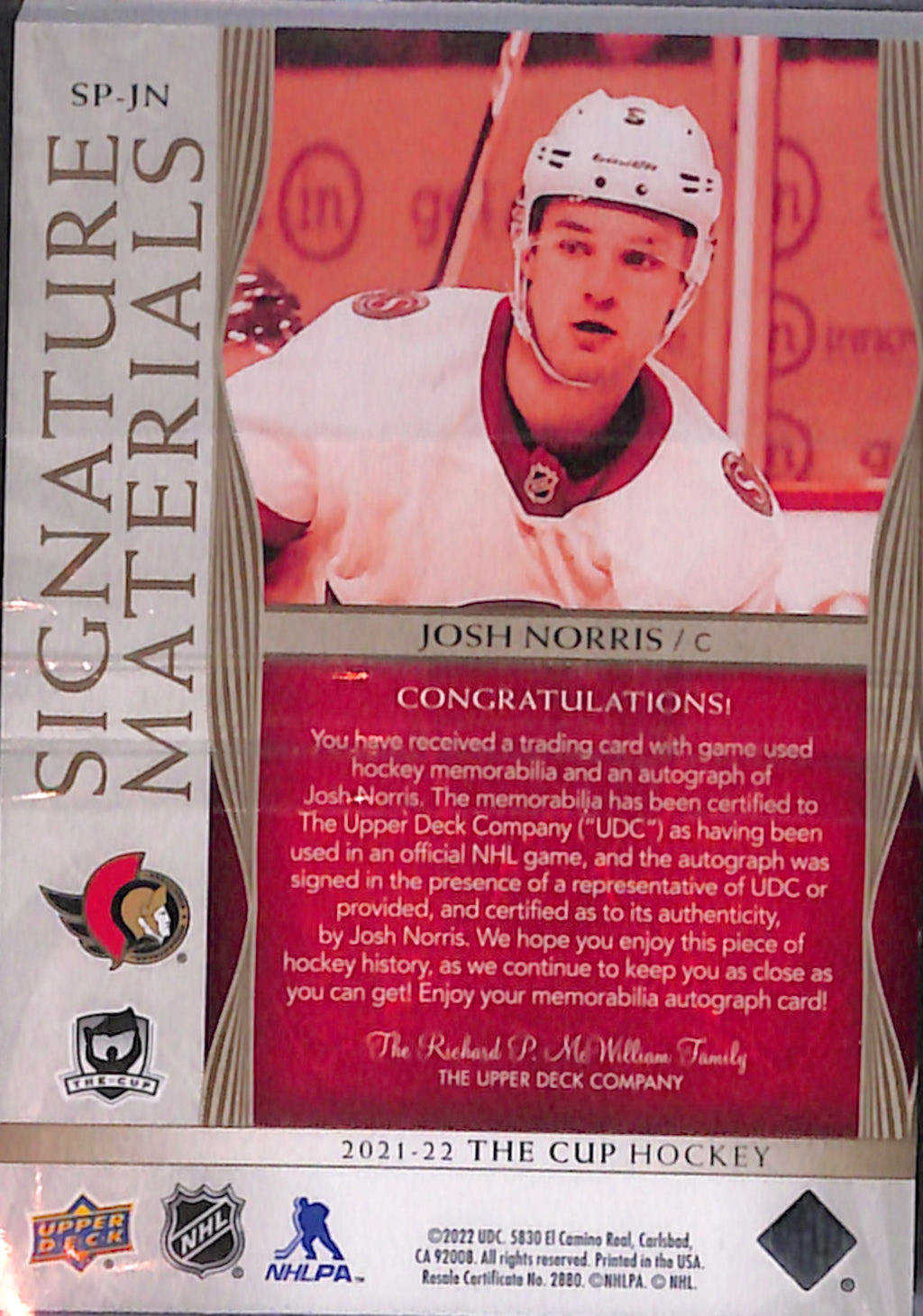 2021-22 The Cup - Josh Norris Signature Materials /99 (SP-JN)