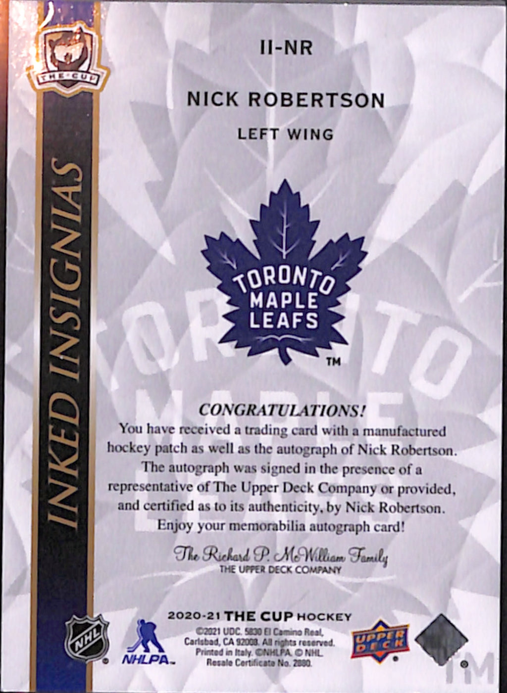 2020-21 The Cup - Nick Robertson Inked Insignias /75 (II-NR)