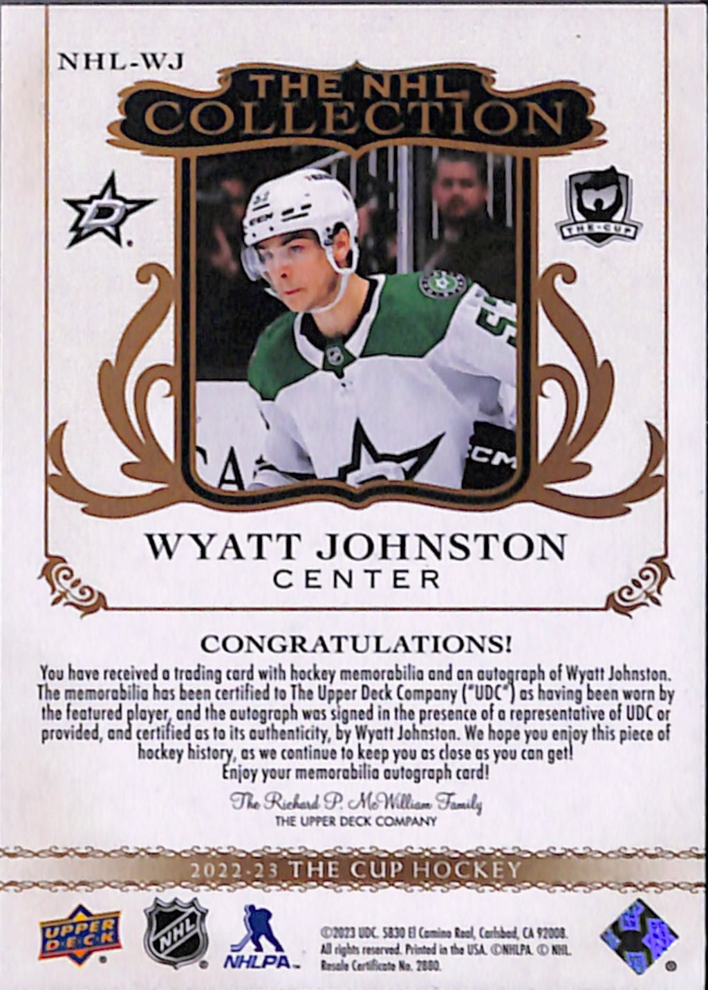 2022-23 The Cup - Wyatt Johnston NHL Collection /35 (NHL-WJ)