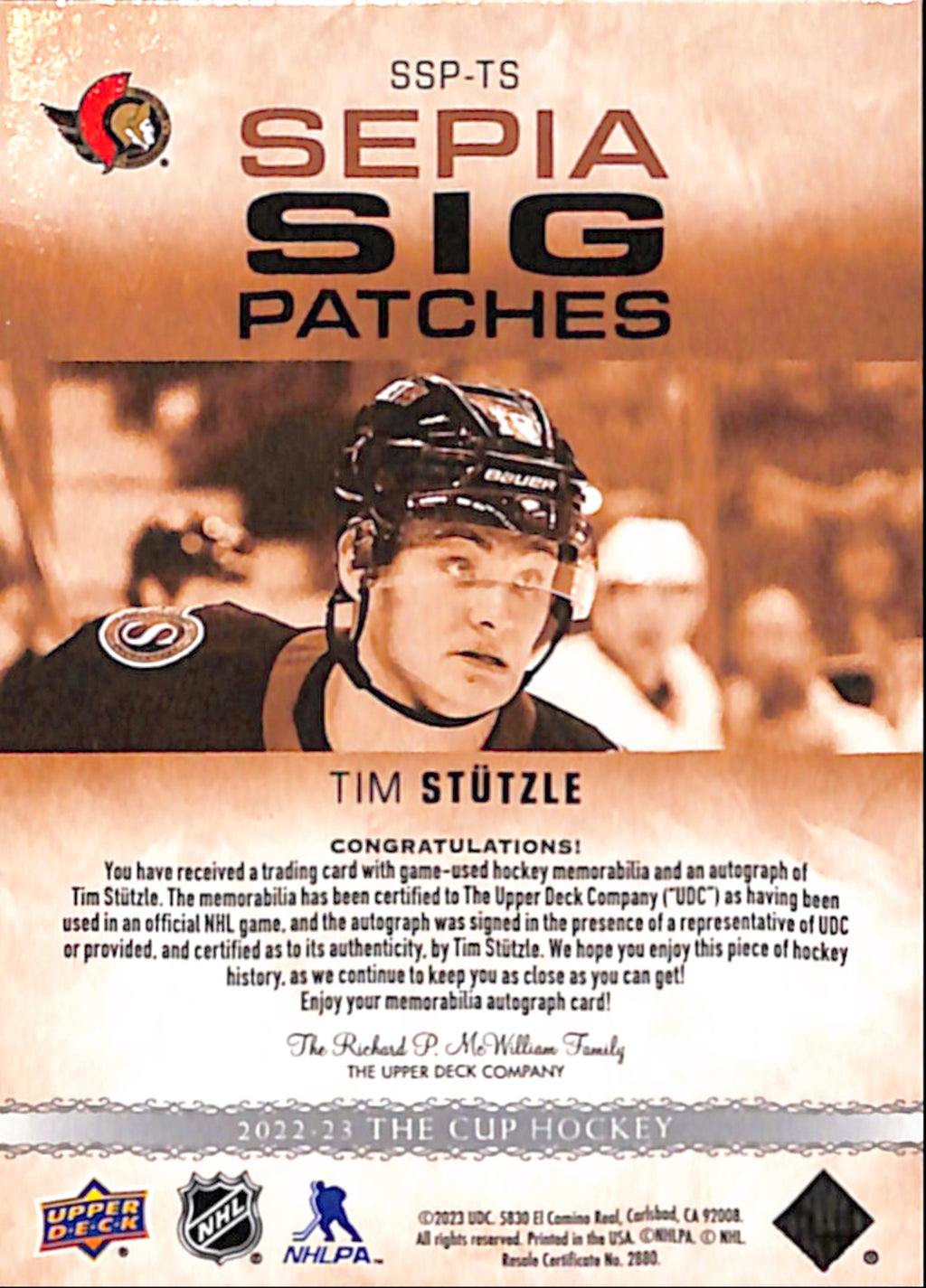 2022-23 The Cup - Tim Stutzle Sepia Sig Patches /35 (SSP-TC)