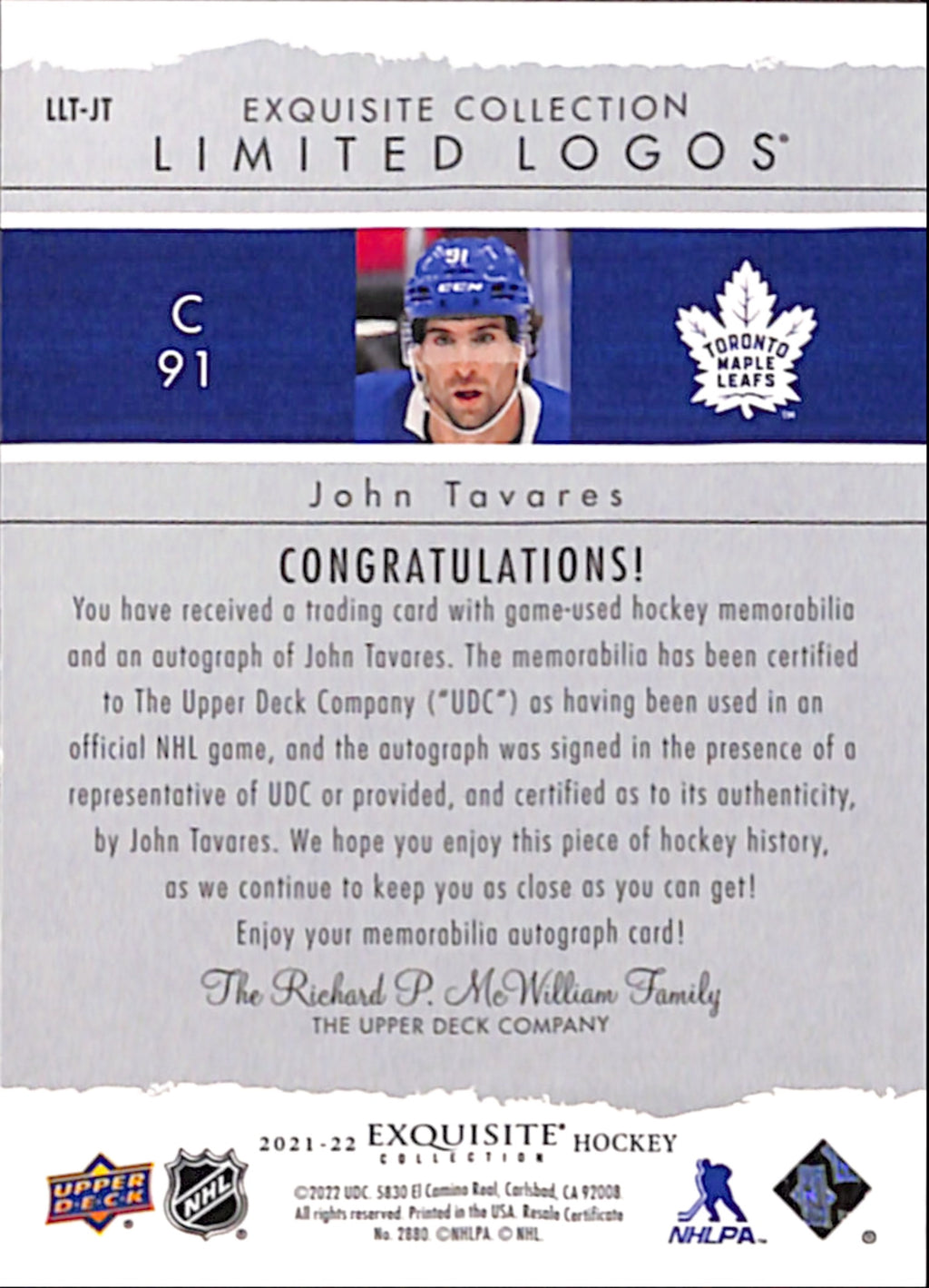 2022-23 The Cup - John Tavares Exquisite Collection Limited Logos /10 (LLT-JT)