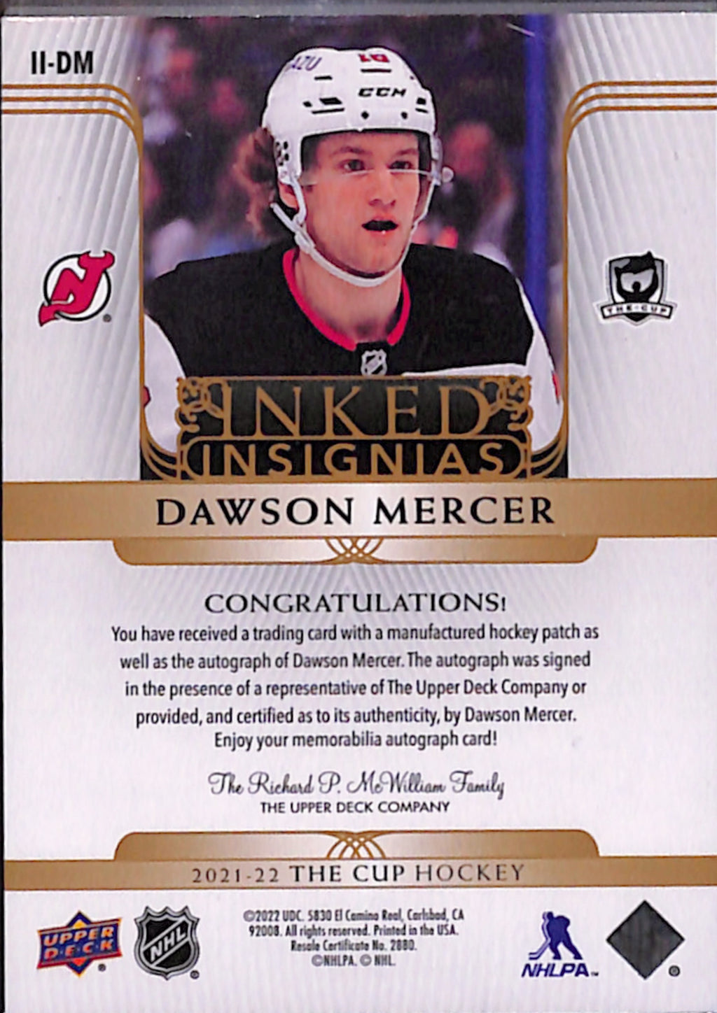 2021-22 The Cup - Dawson Mercer Inked Insignias /75 (II-DM)