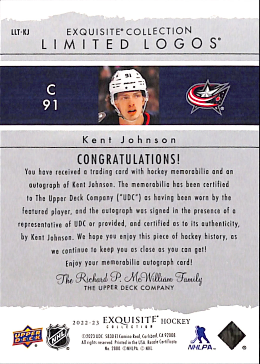 2022-23 The Cup - Kent Johnson Exquisite Collection Limited Logos /50 (LLT-KJ)