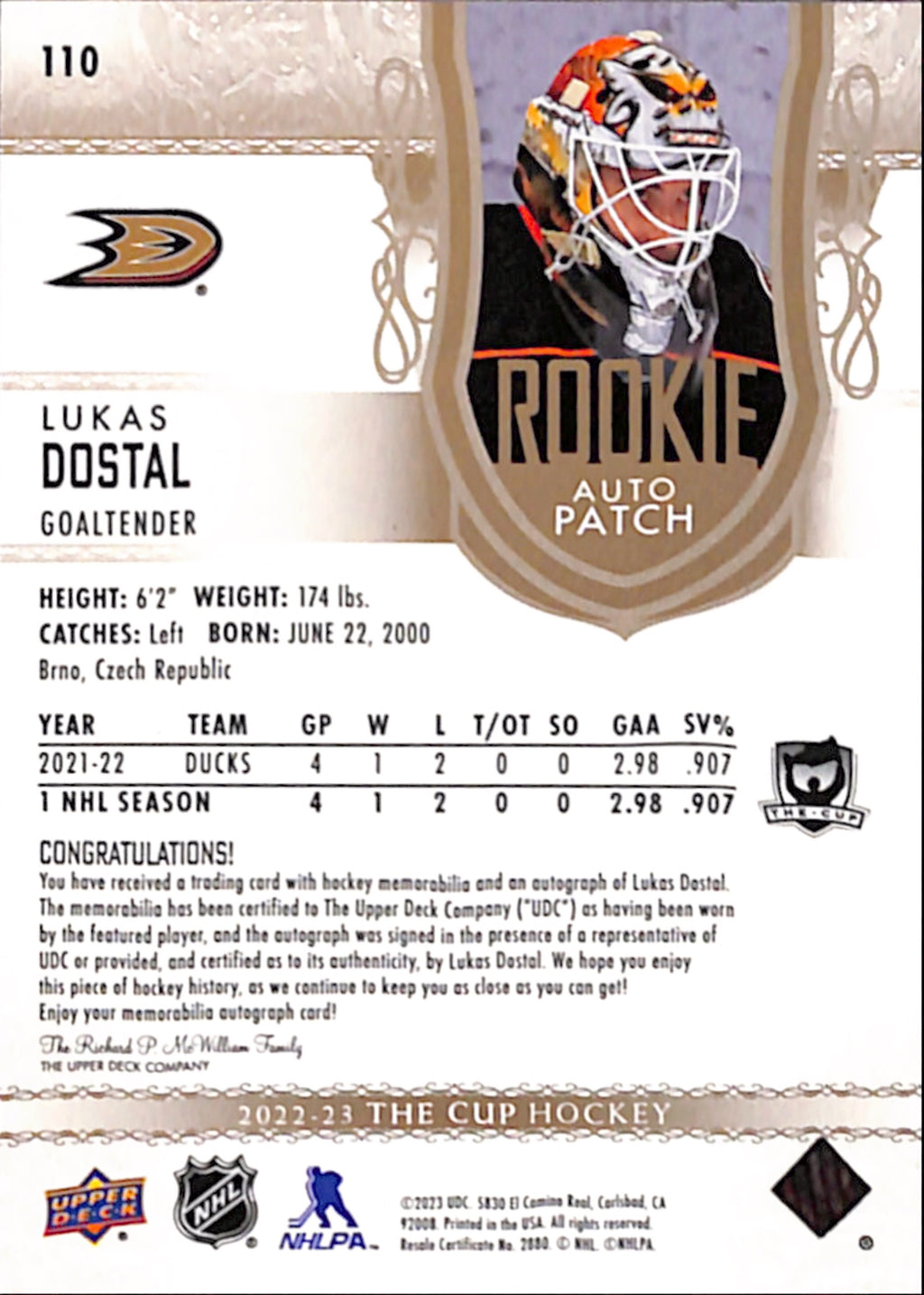 2022-23 The Cup - Lukas Dostal Rookie Auto Patch /24 (110)