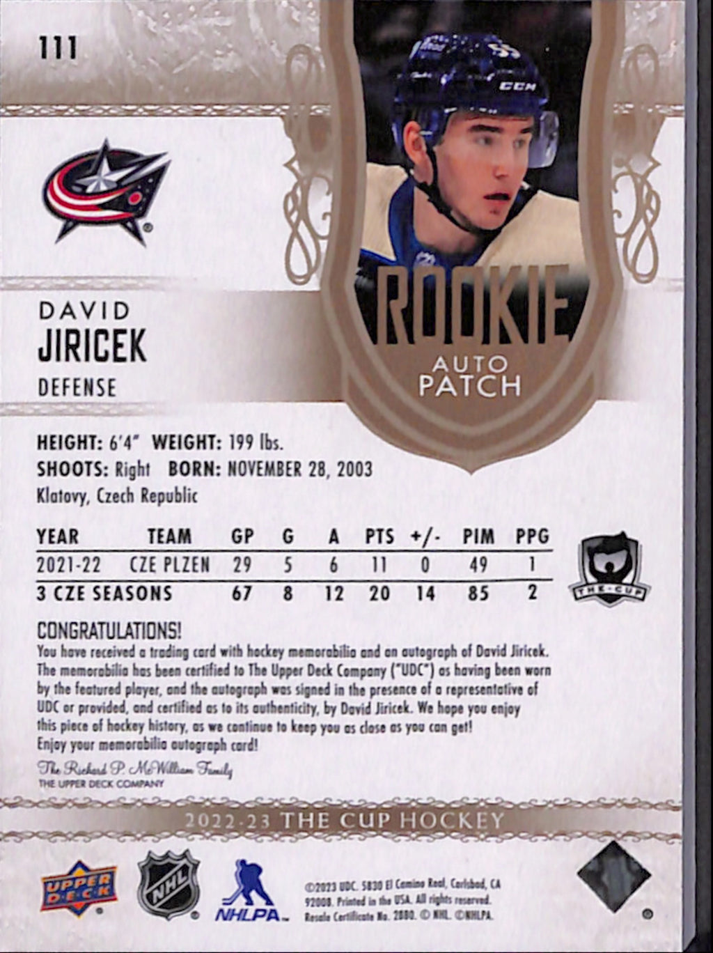 2022-23 The Cup - David Jiricek Rookie Auto Patch /24 (111)