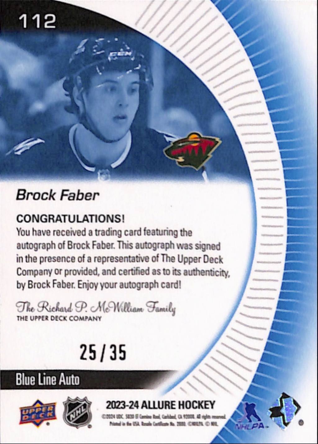 2023-24 Allure - Brock Faber Blue Line Auto /35 (112)