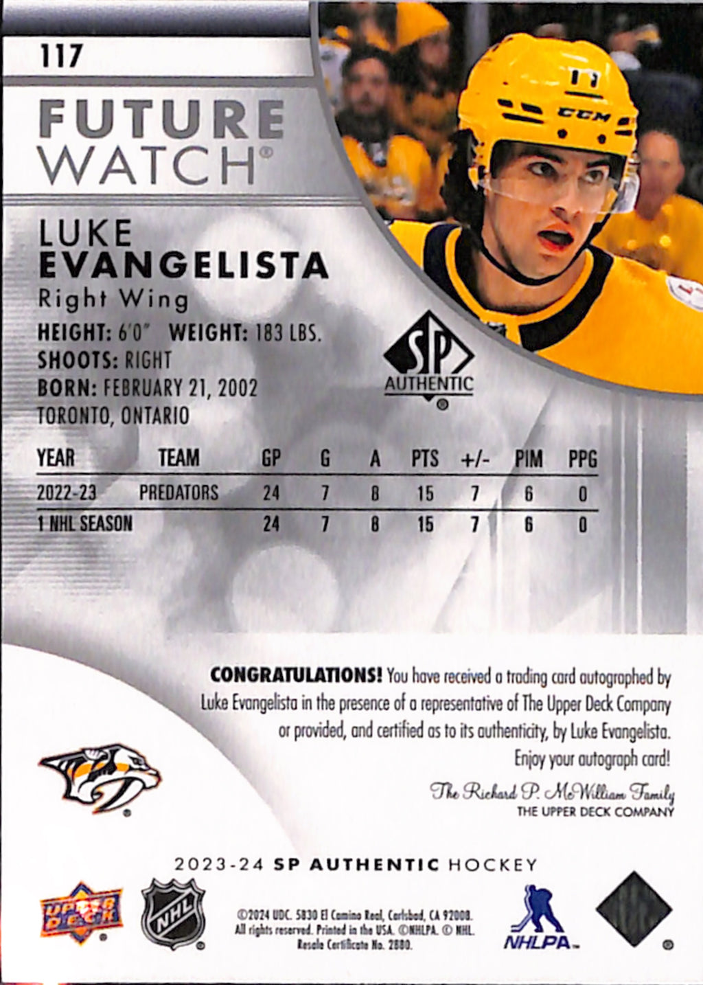 2023-24 SP Authentic - Luke Evangelista Future Watch Auto /999 (117)
