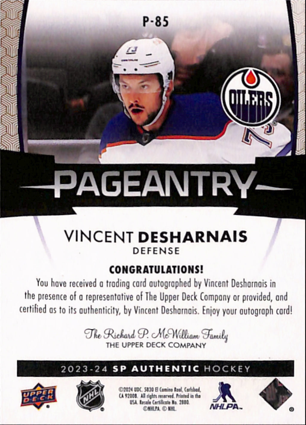 2023-24 SP Authentic - Vincent Desharnais Pageantry Autographs #P85