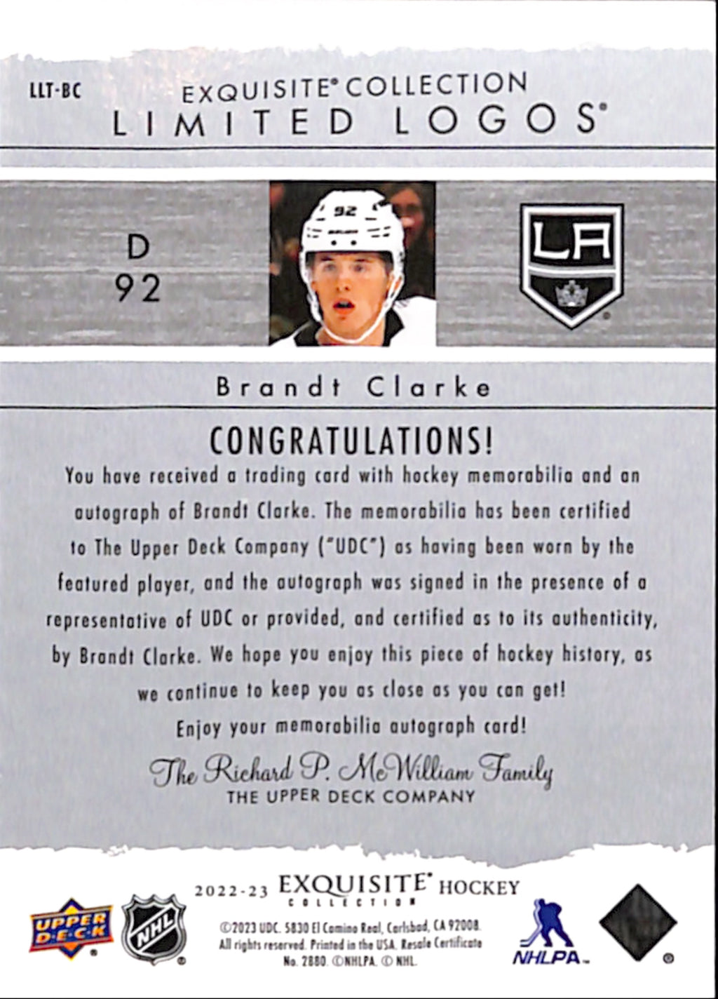 2022-23 The Cup - Brandt Clarke Exquisite Collection Limited Logos /50 (LLT-BC)