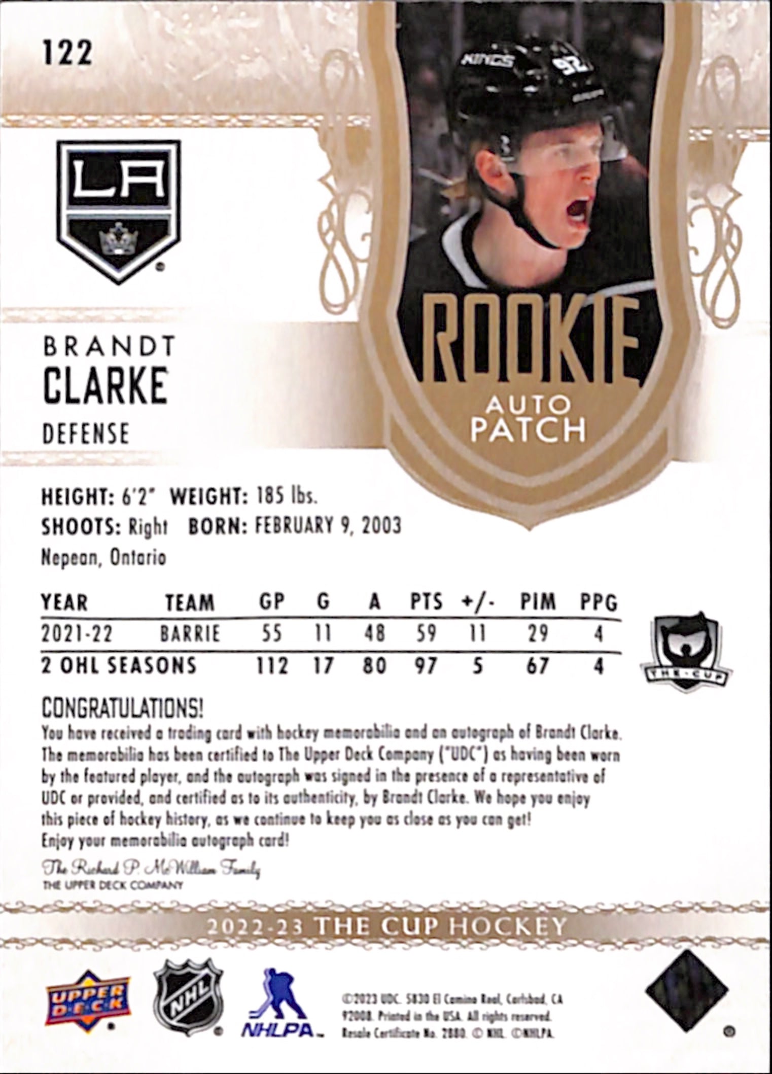 2022-23 The Cup - Brandt Clarke Rookie Auto Patch /24 (122)