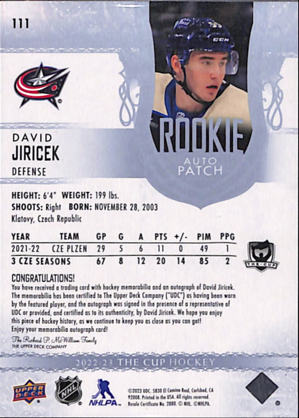 2022-23 The Cup - David Jiricek Rookie Auto Patch /249 (111)