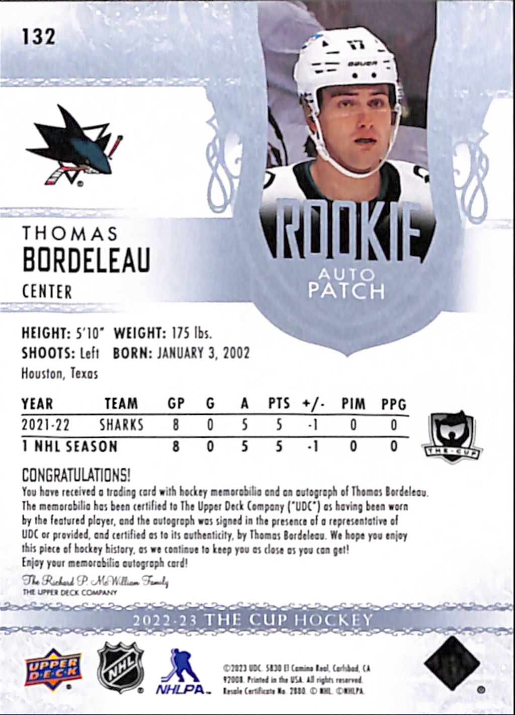 2022-23 The Cup - Thomas Bordeleau Rookie Auto Patch /249 (132)