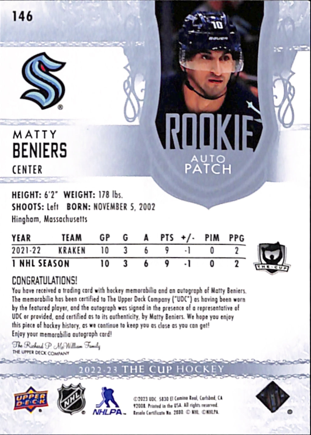 2022-23 The Cup - Matty Beniers Rookie Auto Patch /99 (146)