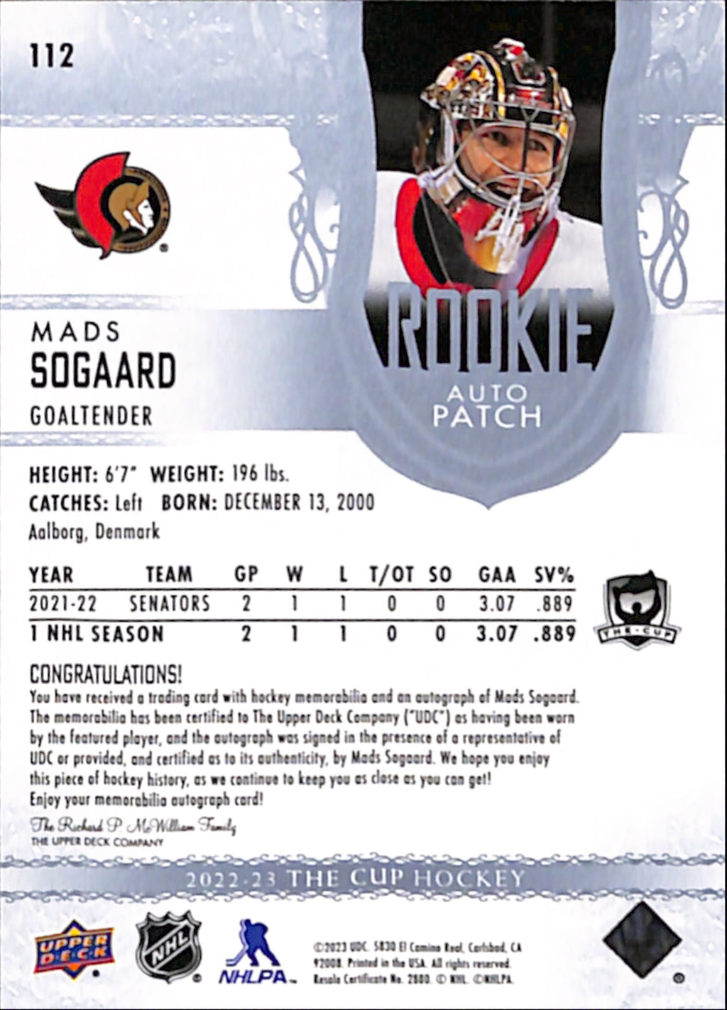2022-23 The Cup - Mads Sogaard Rookie Auto Patch /249 (112)