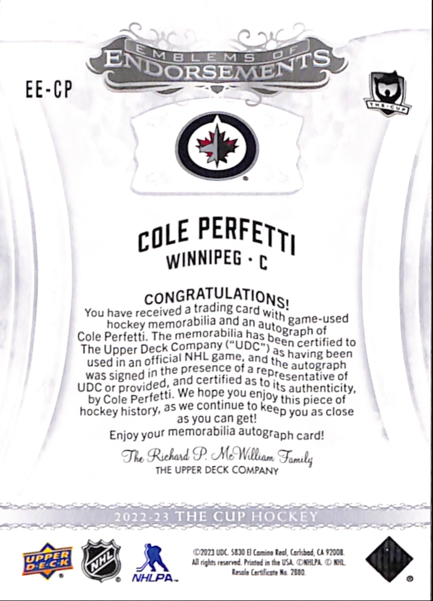 2022-23 The Cup - Cole Perfetti Emblems of Endorsements /15 (EE-CP)