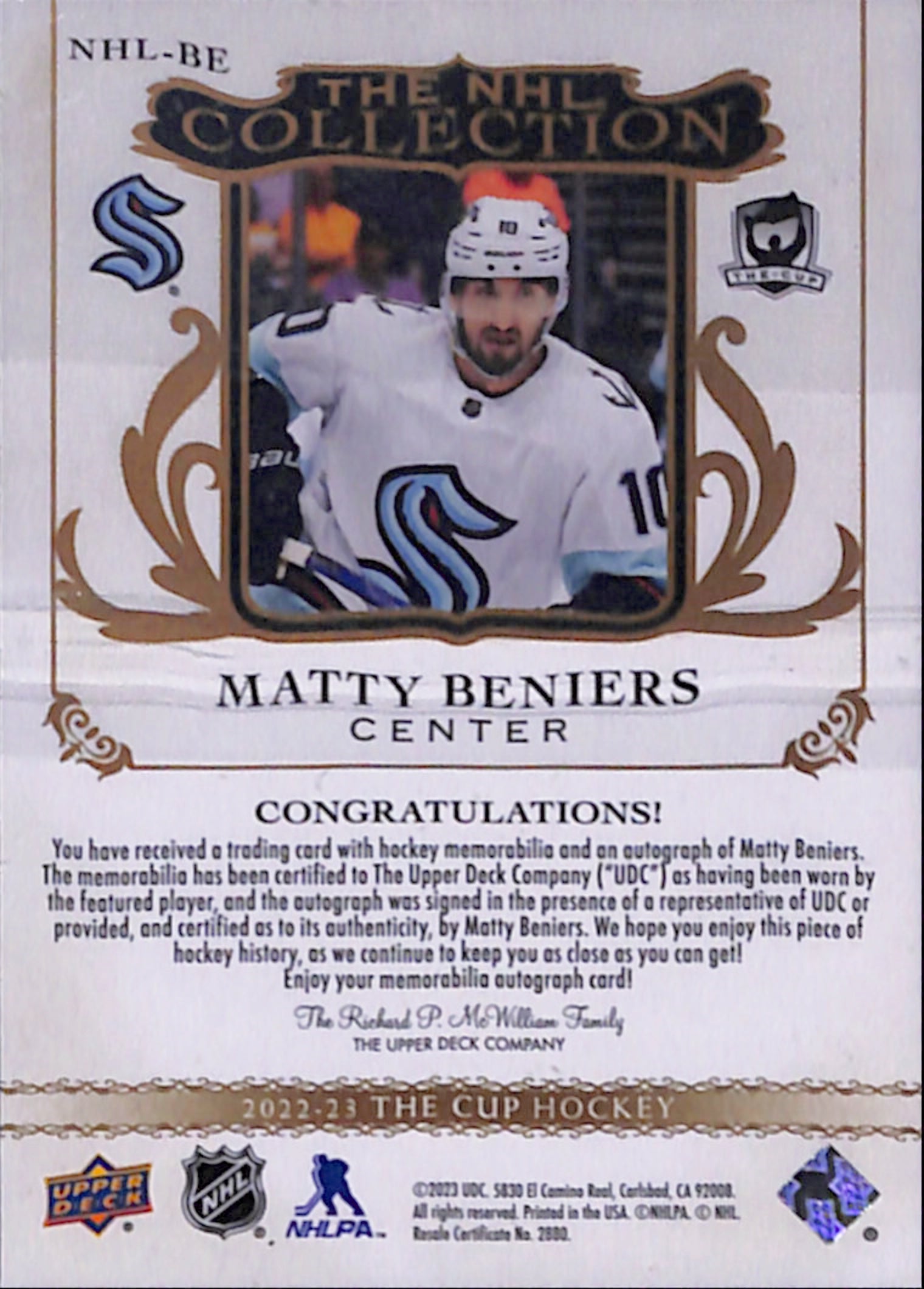 2021-22 The Cup - Matty Beniers The NHL Collection /35 (NHL-BE)