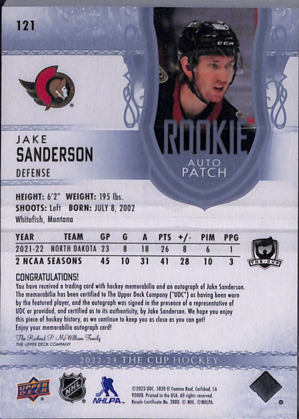 2022-23 The Cup - Jake Sanderson Rookie Auto Patch 047/249 (121)