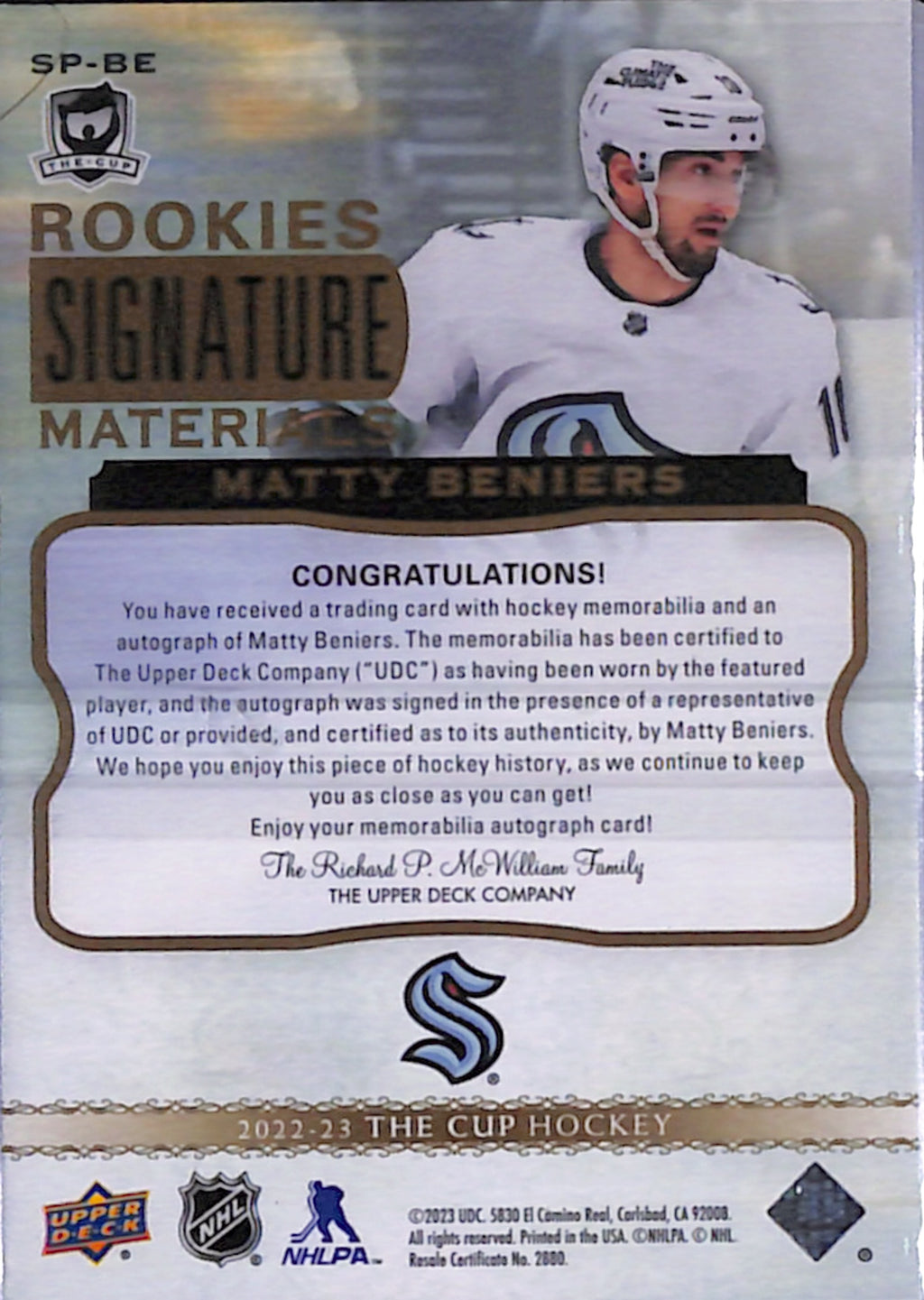 2022-23 The Cup - Matty Beniers Signature Materials /99 (SP-BE)